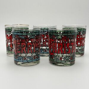Set of 5 Vtg Cera Merry Christmas Glasses Double Old Fashioned Gold Rim MCM